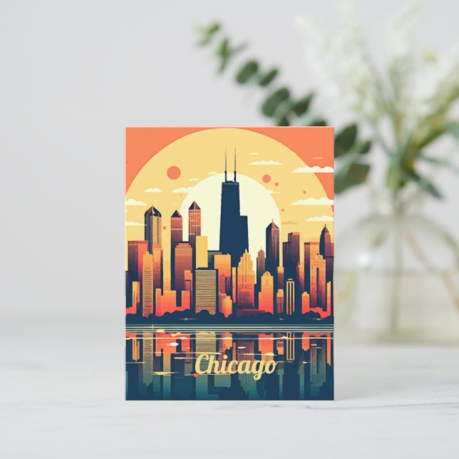 Chicago Skyline Illustration in Orange Postcard (Standing Front)