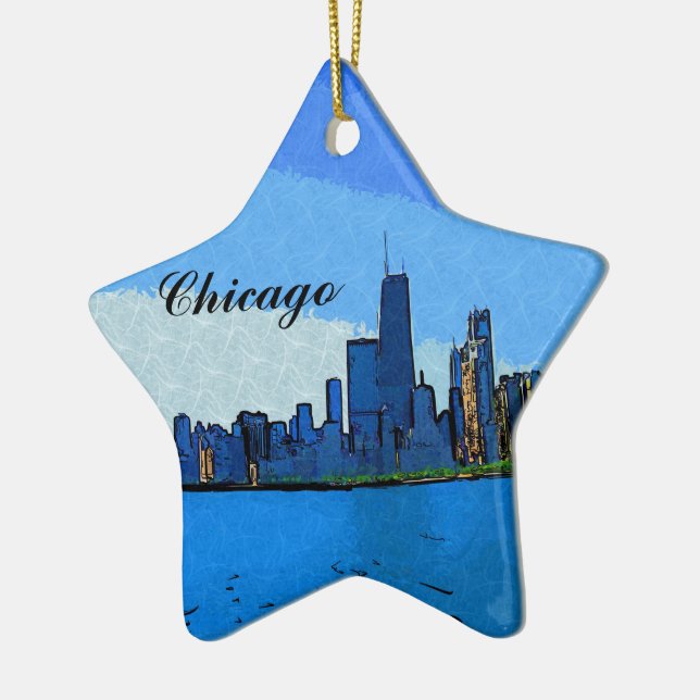 Chicago Skyline in Collage Paint Ceramic Tree Decoration (Left)