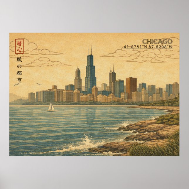 Chicago Skyline in Japanese Ukiyo-e Poster (Front)