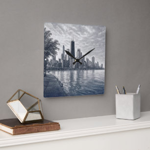 Chicago Skyline in Pointillist Art Square Wall Clock