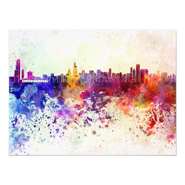 Chicago skyline in watercolor background photo print (Front)