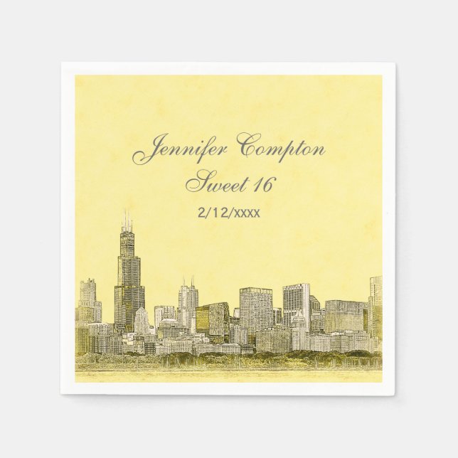 Chicago Skyline Light Yellow BG Sweet 16 Napkin (Front)