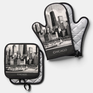 Chicago Skyline Modern Black White Oven Mitt & Pot Holder Set