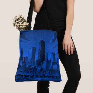 Chicago Skyline Modern Blue Black Tote Bag