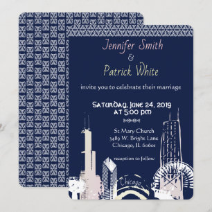Chicago Skyline Navy blue lace elegant Invitation