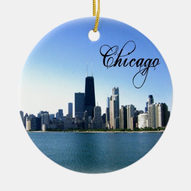 Chicago Skyline Photo with Chicago Text Ceramic Tree Decoration (Front)