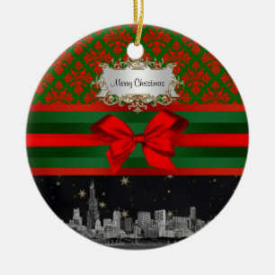 Chicago Skyline Red Green Damask #2 Bow Xmas Ceramic Ornament