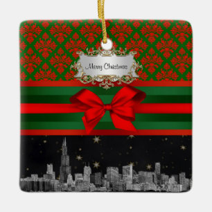 Chicago Skyline Red Green Damask #2 Bow Xmas Ceramic Ornament