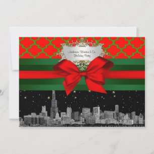 Chicago Skyline, Red Green Quatrefoil Xmas Invitation