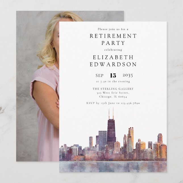 Chicago Skyline Retirement Party Photo Invitation (Front/Back)