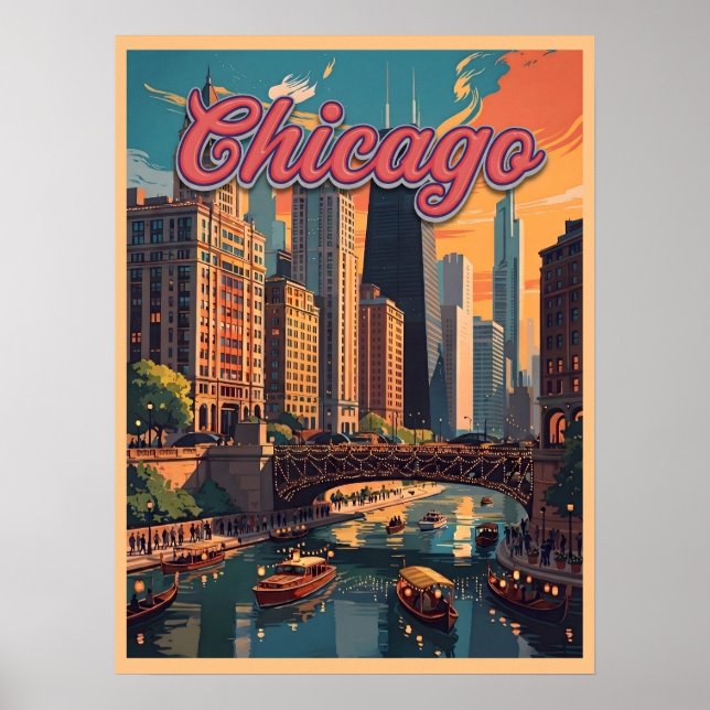 Chicago Skyline Riverfront  Poster (Front)