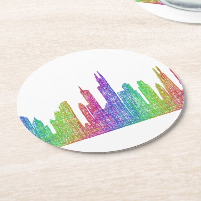 Chicago skyline round paper coaster (Angled)