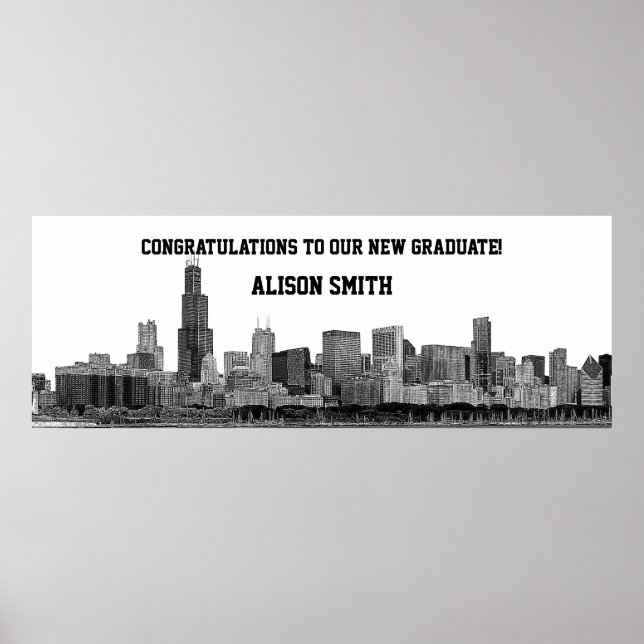 Chicago Skyline Silhouette Graduation Party Banner Poster (Front)