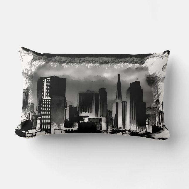 Chicago Skyline Sketch in Black and White Lumbar Cushion (Front)