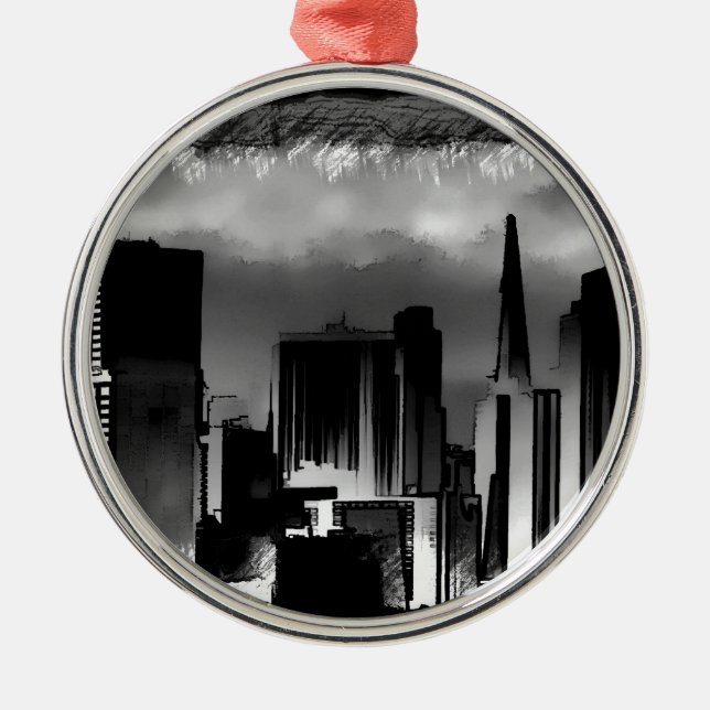 Chicago Skyline Sketch in Black and White Metal Ornament (Front)