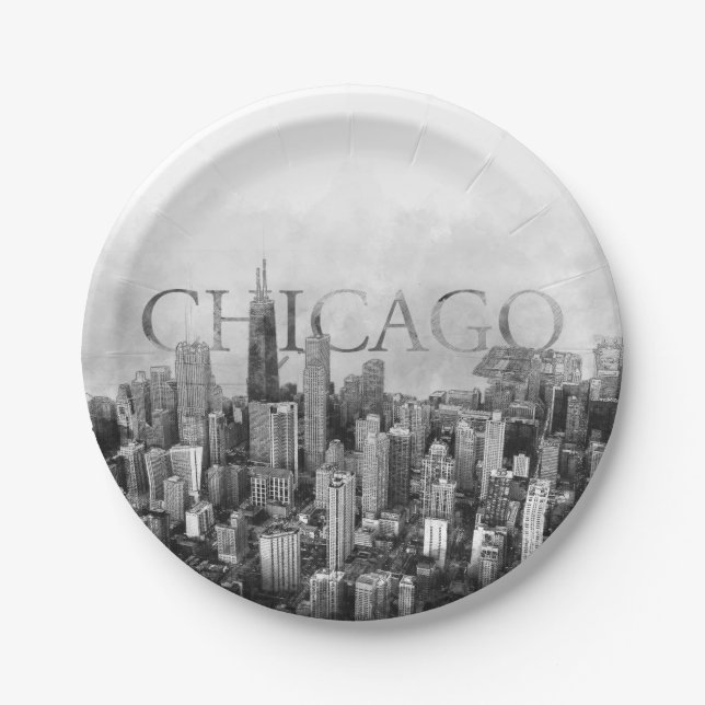 Chicago Skyline Sketch Paper Plate (Front)