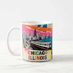 Chicago Skyline Train Pop Art Collage Retro Travel Coffee Mug