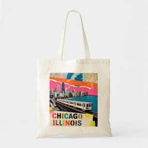 Chicago Skyline Train Pop Art Collage Retro Travel Tote Bag