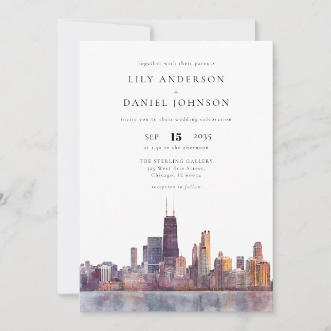 Chicago Skyline Watercolor All In One Wedding Invitation (Front)
