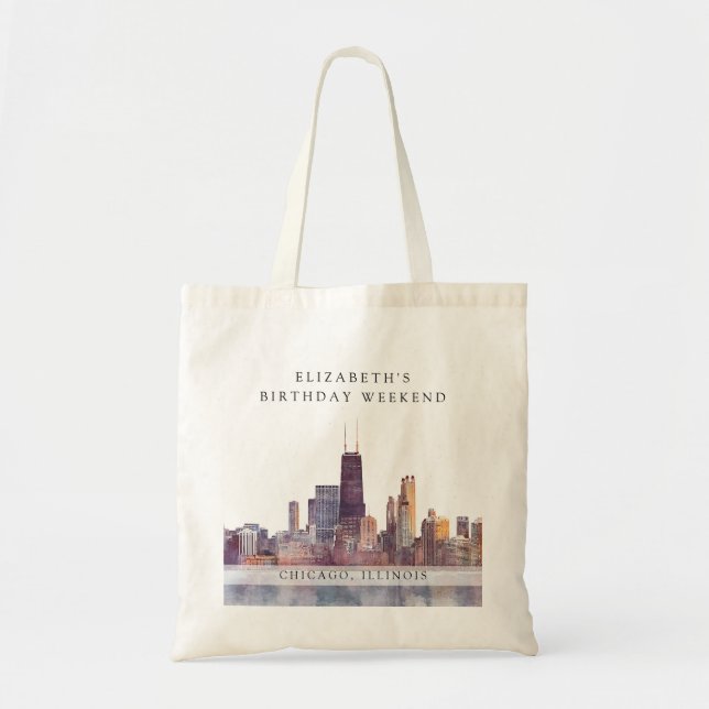 Chicago Skyline Watercolor Birthday Weekend Tote Bag (Front)