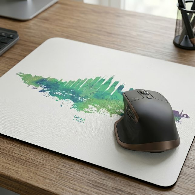 Chicago Skyline Watercolor Blue Green City Art Mouse Pad (Chicago Skyline Watercolor Blue Green City Art. Mouse Pad)