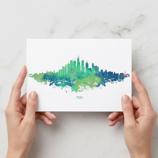 Chicago Skyline Watercolor Blue Green City Art Postcard (Chicago Skyline Watercolor Blue Green City Art. Postcard)