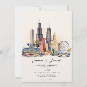 Chicago Skyline Watercolor Destination Wedding Invitation