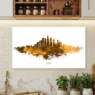 Chicago Skyline Watercolor Orange Cityscape Art Poster