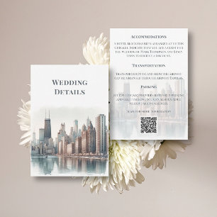Chicago Skyline Watercolor Wedding Details QR Code Enclosure Card