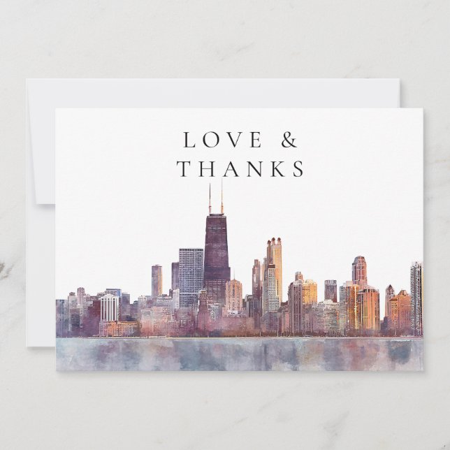 Chicago Skyline Watercolor Wedding Photo Thank You Card (Front)