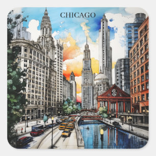 Chicago Skyline Watercolor – Windy City Travel Square Sticker