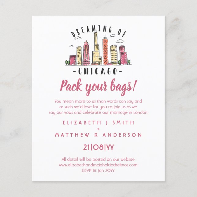 CHICAGO Skyline Wedding Invitation Handdrawn Budge (Front)