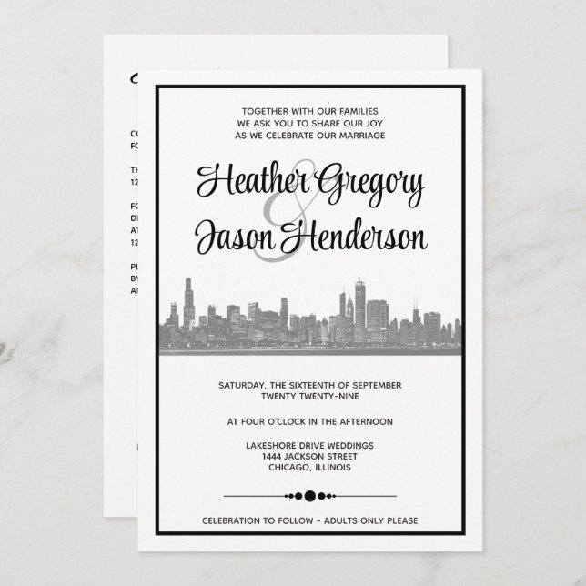 Chicago Skyline Wedding Invitation with QR Code (Front/Back)