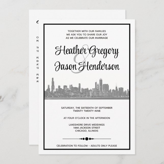 Chicago Skyline Wedding Invitation with QR Code (Front/Back)