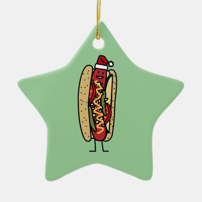Chicago style hot dog Christmas Santa hat Ceramic Ornament (Front)