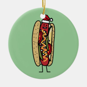 Chicago style hot dog Christmas Santa hat Ceramic Tree Decoration