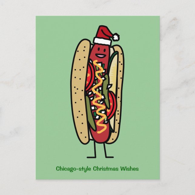 Chicago style hot dog Christmas Santa hat Holiday Postcard (Front)