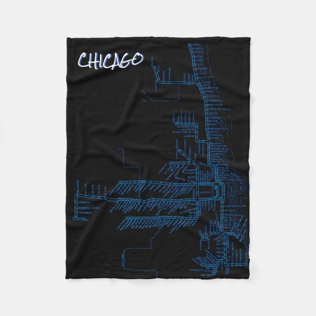 Chicago Subway Map w/ Train stops colourful BLUE Fleece Blanket (Front)