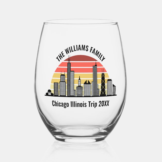 Chicago Sunset Customised Trip Souvenir Stemless Wine Glass (Front)