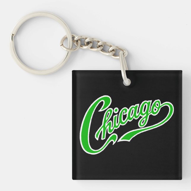 Chicago Text in Green Script BLK Keychain (Front)