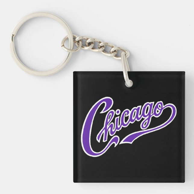 Chicago Text in Purple Script BLK Keychain (Front)