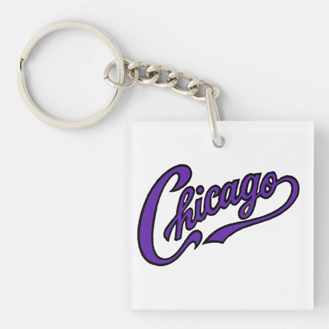 Chicago Text in Purple Script Keychain (Front)