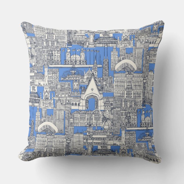 Chicago toile midnight blue retro blue cushion (Front)
