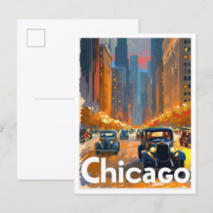 Chicago USA Art Vintage Travel Illustration Postcard