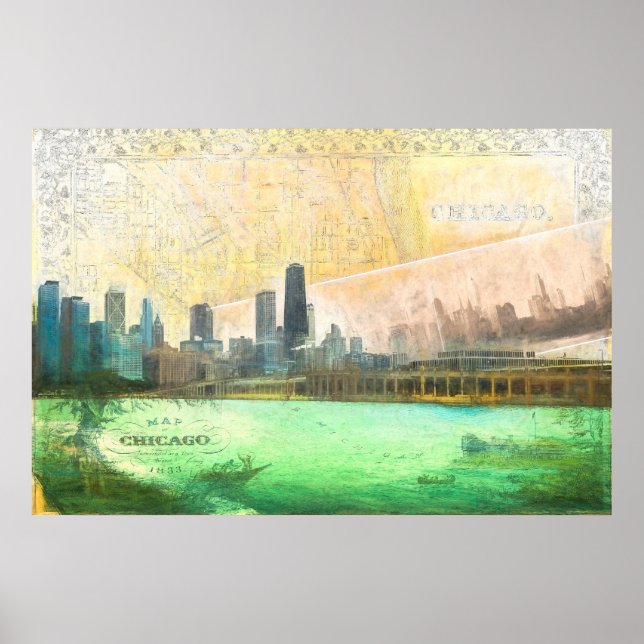 Chicago Vintage Postcard Travel Map Poster (Front)