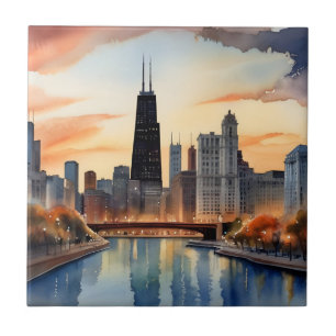 Chicago watercolor art ceramic tile