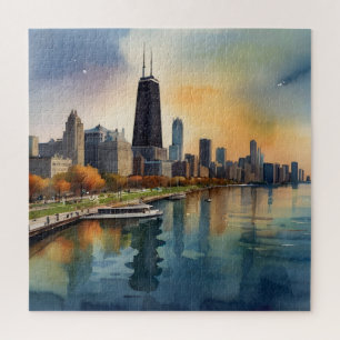 Chicago watercolor art jigsaw puzzle
