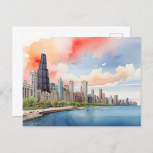 Chicago watercolor art postcard