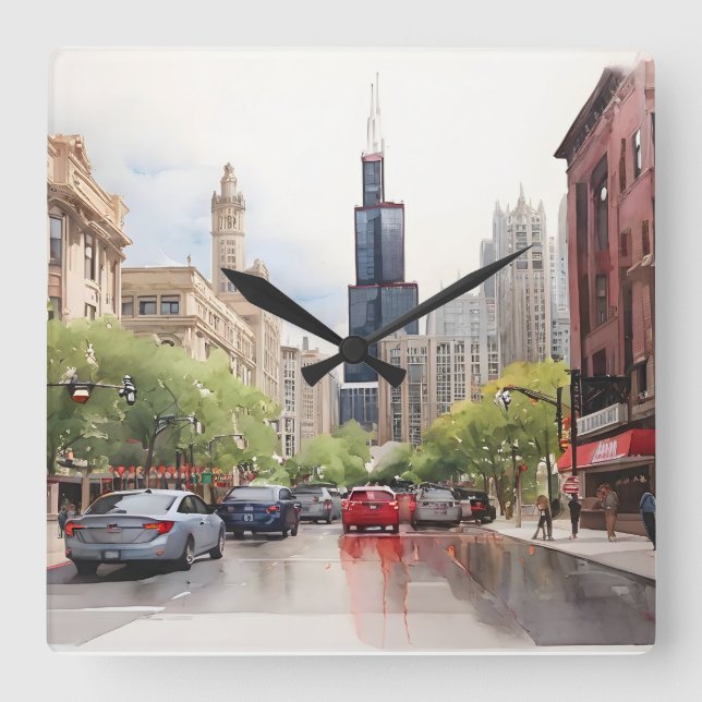 Chicago watercolor art square wall clock (Front)
