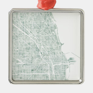 Chicago watercolor map seaglass blue green metal ornament